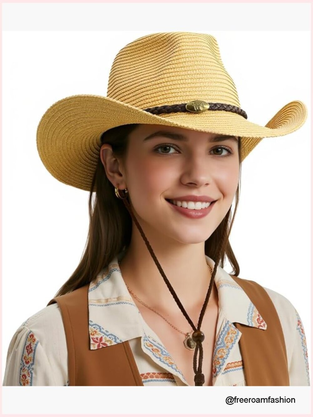 Wide Brim Straw Cowboy Hat with Chin Strap
